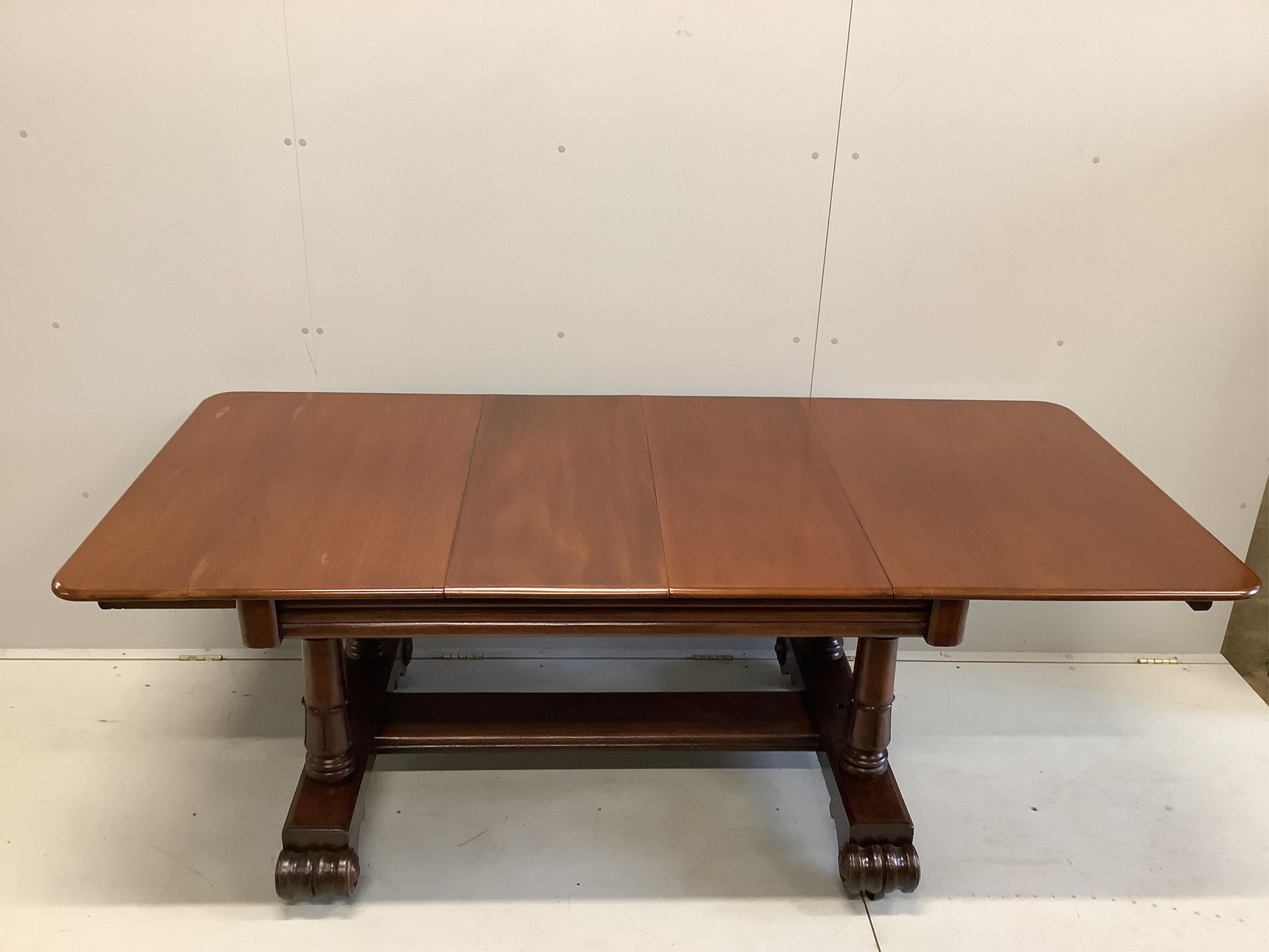 A William IV rectangular mahogany extending dining table, 207cm extended, two spare leaves, depth 95cm, height 77cm. Condition - fair to good, top has been repolished and offset when extended, not closing fully when not.